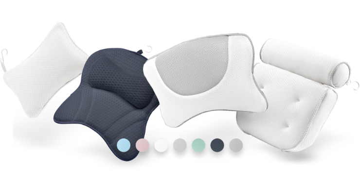 Eine Bildcollage der verschiedenen Badekissen von vesta+.