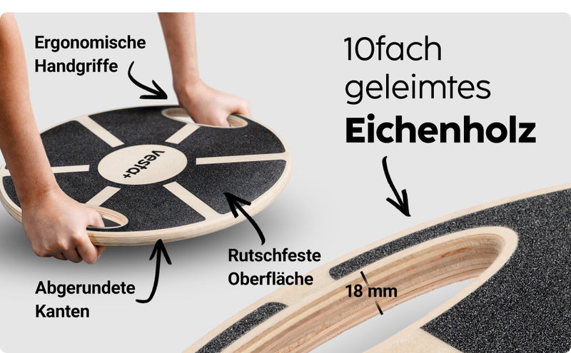 Balance Board aus 10-fach geleimtem Eichenholz mit ergonomischen Handgriffen und rutschfester Oberfläche.