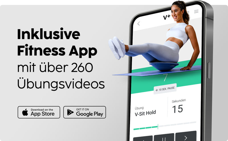 Balance Board Training mit der vesta+ Fitness App, die über 260 Übungsvideos für vielseitige Workouts bietet.