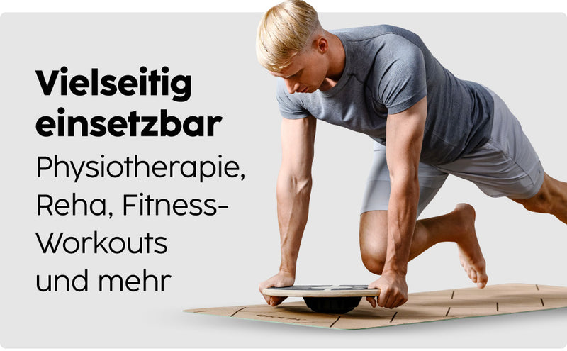 Mann nutzt das vesta+ Balance Board für Physiotherapie und Fitness-Workouts, ideal für Rehabilitation und Koordination.