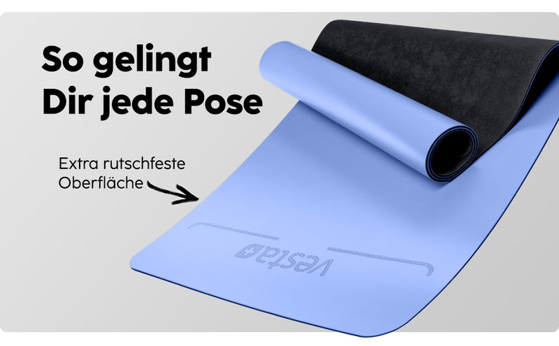 vesta+ Yogamatte mit extra rutschfester PU-Oberfläche, perfekt für Yoga, Gymnastik und Fitnessübungen.