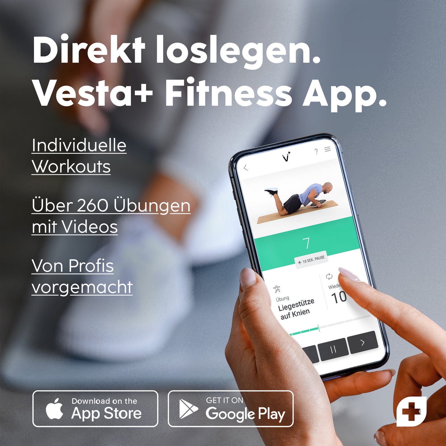 vesta+ Fitness App zeigt individuelle Workouts mit über 260 Übungsvideos, verfügbar für iOS und Android.
